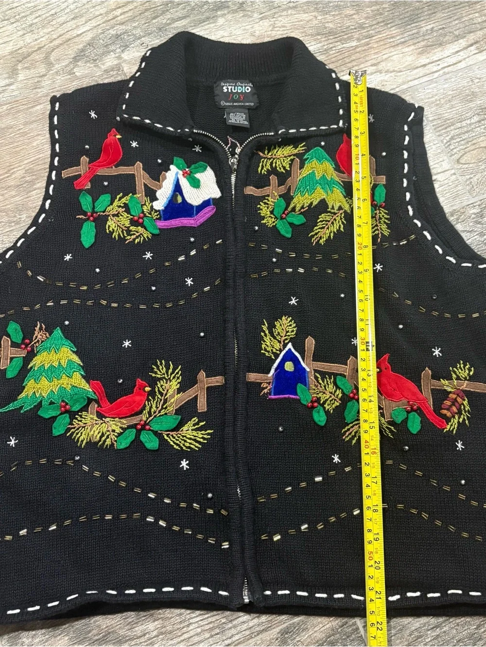 VTG Ugly Christmas Sweater Vest Tree Zip Cardinals Black Beaded Holiday Sz XL